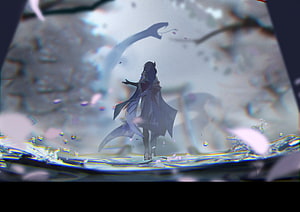 Anime Girl Standing in Water with Glitch Effect and Falling Petals HD wallpaper