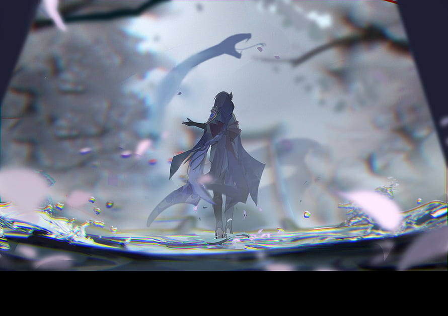 Anime Girl Standing in Water with Glitch Effect and Falling Petals HD wallpaper