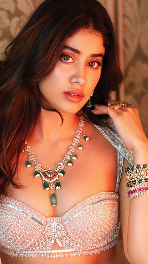 Jhanvi Kapoor in a Glittering Silver Lehenga Choli with Emerald Jewelry HD phone wallpaper