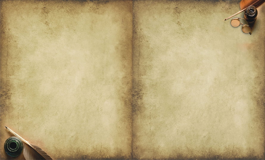 Vintage Open Book Pages With Quill Pen, Inkwell, and Round Glasses on Aged Parchment HD wallpaper