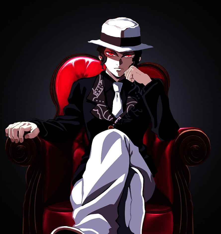 Akaza from Demon Slayer Sitting in a Red Armchair with Fedora Hat HD phone wallpaper