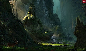 Ancient moss-covered deity statue meditating in a mystical jungle with deer and waterfall HD wallpaper