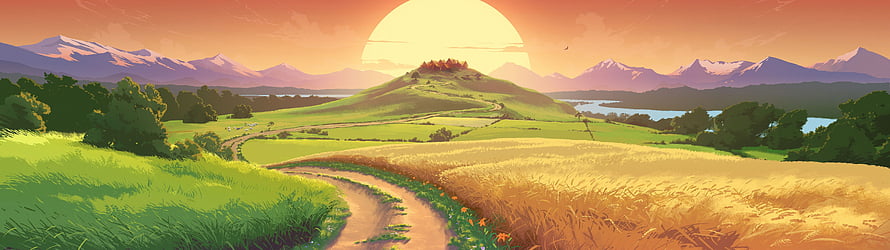 Serene Anime Landscape With Golden Sunset Over Rolling Hills And Distant Mountains HD wallpaper