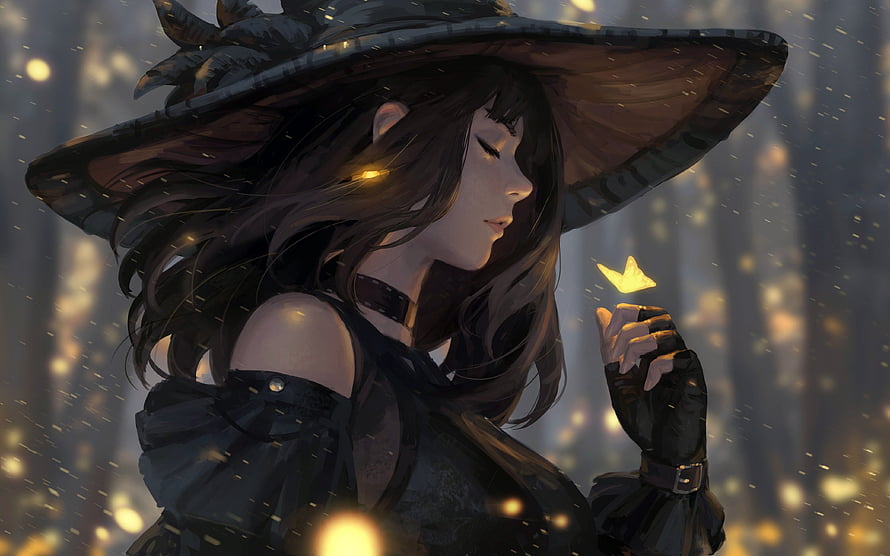 Anime Witch Girl in Wide-Brimmed Hat Holding a Glowing Butterfly in a Magical Forest HD wallpaper