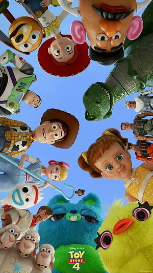 Toy Story 4 Character Circle Poster with Woody, Buzz, Bo Peep, and Forky Against Blue Sky HD phone wallpaper