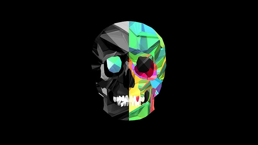 Low Poly Skull Split Design with Vibrant Geometric Facets on Black Background HD wallpaper