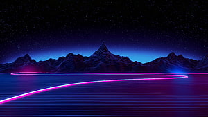 Neon Retro Wave Landscape With Glowing Grid And Mountains HD wallpaper