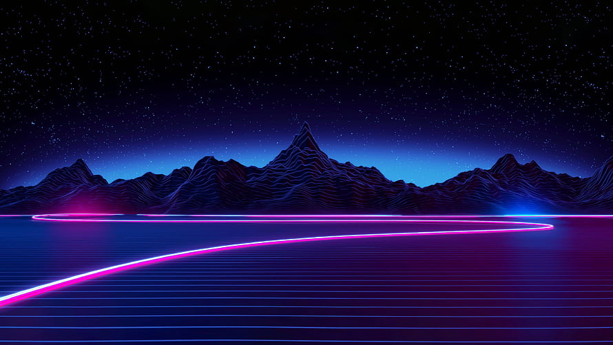Neon Retro Wave Landscape With Glowing Grid And Mountains HD wallpaper