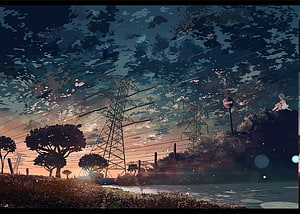 Anime Girl Sitting on Hill Near Power Lines at Sunset HD wallpaper
