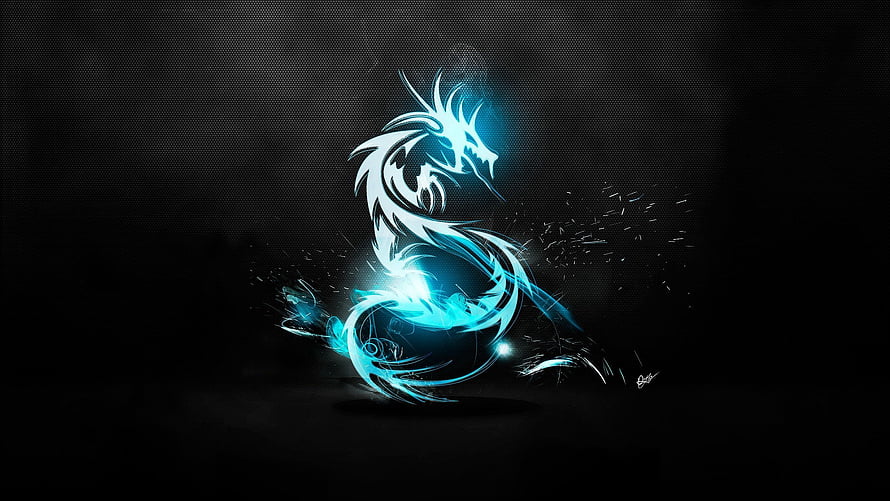 Glowing Blue Dragon Illustration on Dark Background HD wallpaper