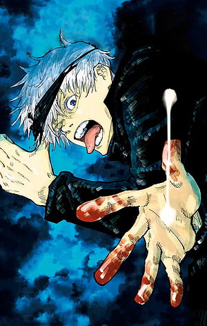 Gojo Satoru Manga Artwork Reaching Forward With Bloodied Hand Against Dark Blue Sky HD phone wallpaper