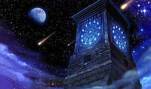Saint Seiya Clock Tower Under Starry Night Sky With Moon And Meteors HD wallpaper
