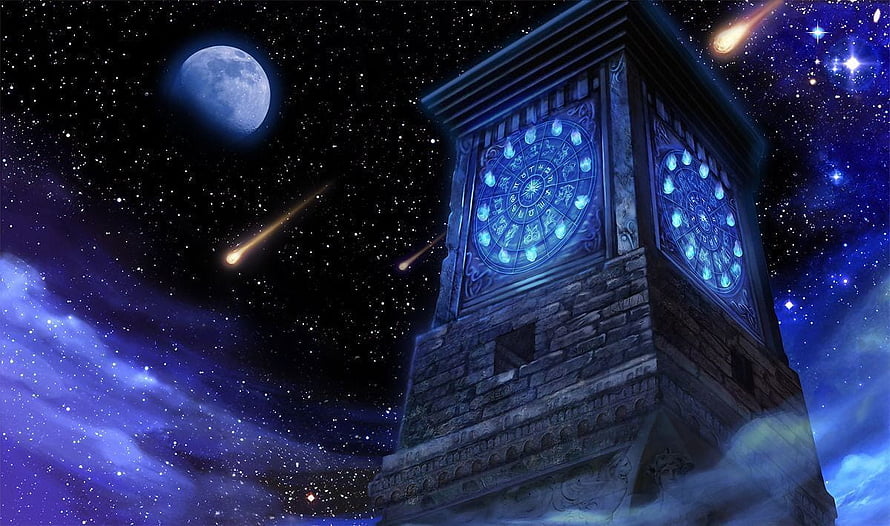 Saint Seiya Clock Tower Under Starry Night Sky With Moon And Meteors HD wallpaper