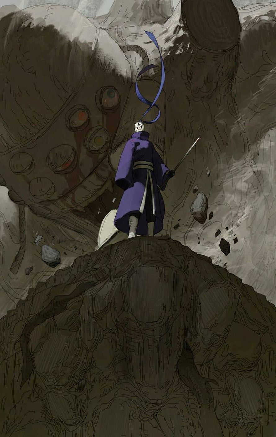 Obito Uchiha Standing on Rock with Rinnegan and Blue Ribbon in Dark Landscape HD phone wallpaper