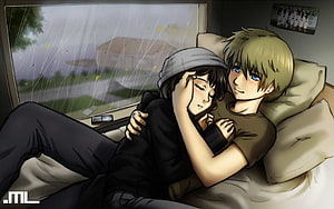 Anime Couple Embracing on a Bed During a Rainy Day with Soft Lighting HD wallpaper