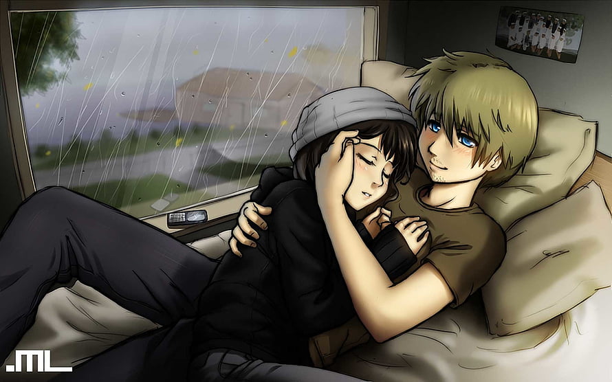 Anime Couple Embracing on a Bed During a Rainy Day with Soft Lighting HD wallpaper