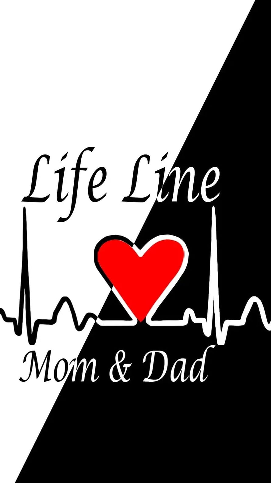 Minimalist Mom and Dad Lifeline Heart Design with ECG Pulse Wave on Black and White Background HD phone wallpaper