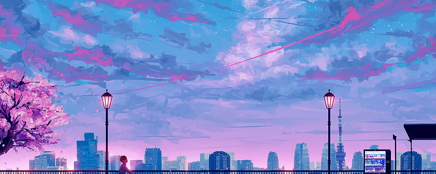 Anime Style Tokyo Cityscape at Sunset with Cherry Blossoms and Tower HD wallpaper