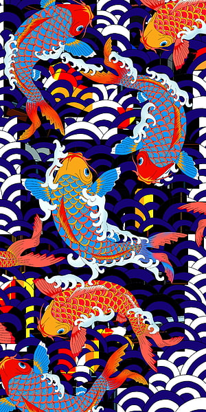 Colorful Koi Fish Swimming in Traditional Japanese Seigaiha Wave Pattern Art HD phone wallpaper