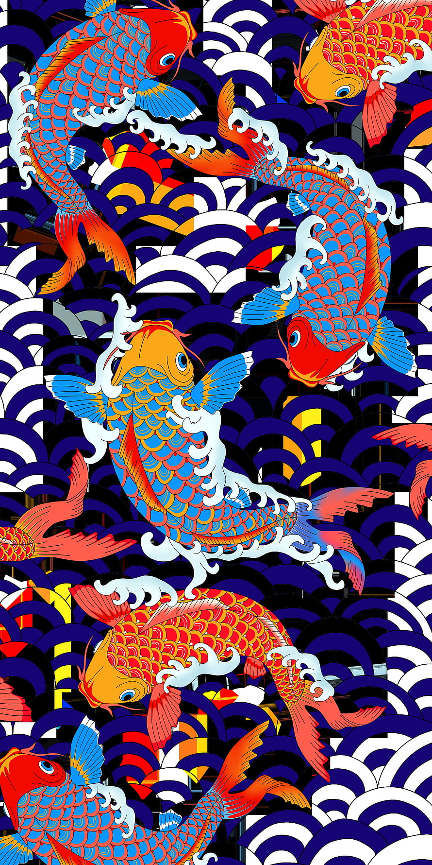 Colorful Koi Fish Swimming in Traditional Japanese Seigaiha Wave Pattern Art HD phone wallpaper