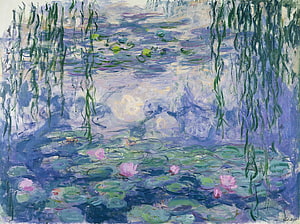 Claude Monet Water Lilies Impressionist Painting with Pink Flowers and Willow Reflections HD wallpaper