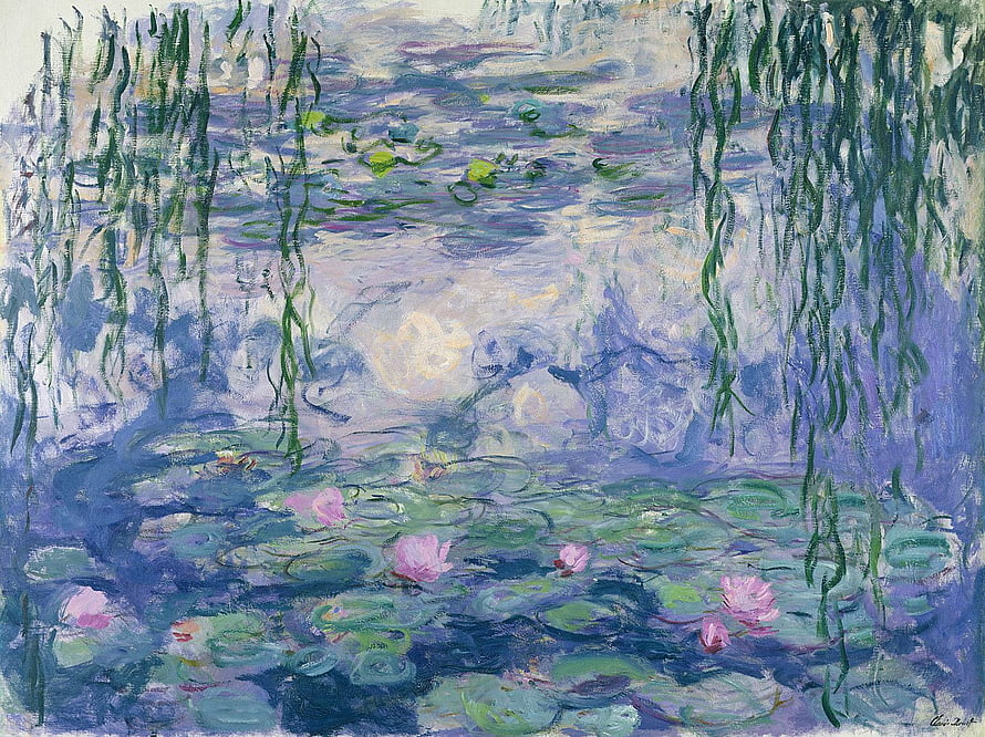 Claude Monet Water Lilies Impressionist Painting with Pink Flowers and Willow Reflections HD wallpaper