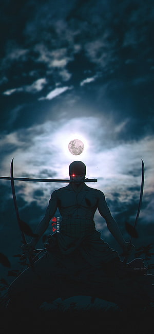 Silhouette of a muscular samurai warrior with dual swords under a full moon HD phone wallpaper