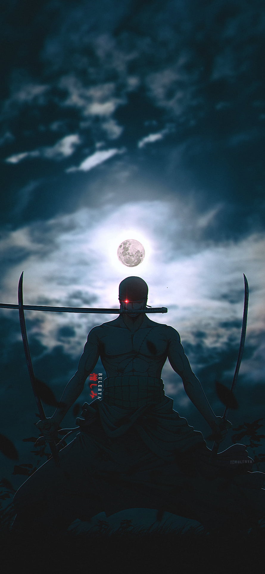 Silhouette of a muscular samurai warrior with dual swords under a full moon HD phone wallpaper
