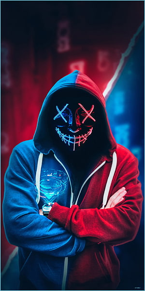 Neon LED Mask Hoodie Figure with Glowing X Eyes and Stitched Smile in Cyberpunk Lighting HD phone wallpaper