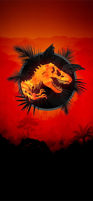 Jurassic World T-Rex Skull with Tropical Palms Against Fiery Red Sunset Sky HD phone wallpaper