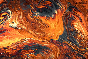 Vibrant Orange Acrylic Fluid Art with Swirling Marbled Texture and Dark Abstract Patterns HD wallpaper