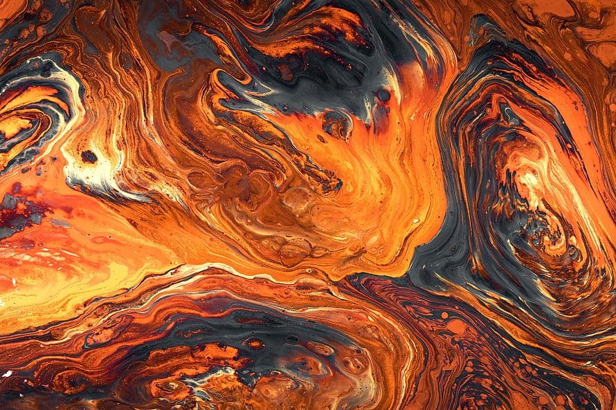 Vibrant Orange Acrylic Fluid Art with Swirling Marbled Texture and Dark Abstract Patterns HD wallpaper