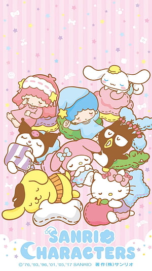 Sanrio Characters Sleeping Together on Pink Striped Background with Stars HD phone wallpaper