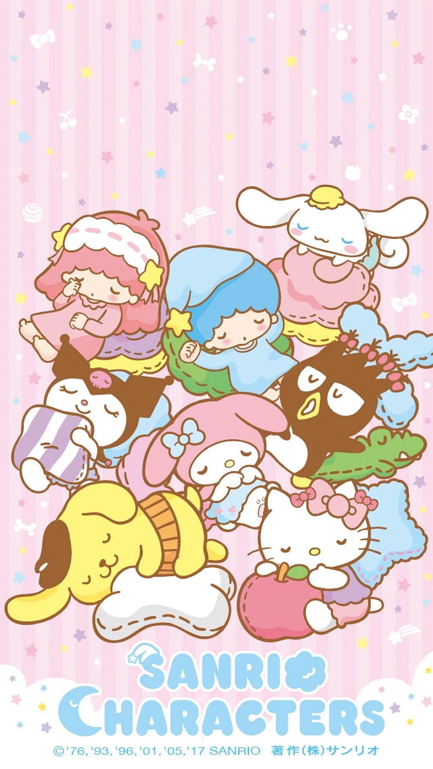 Sanrio Characters Sleeping Together on Pink Striped Background with Stars HD phone wallpaper