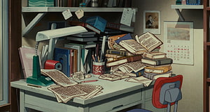 Whisper of the Heart Cluttered Study Desk with Books and Calligraphy Practice Sheets HD wallpaper