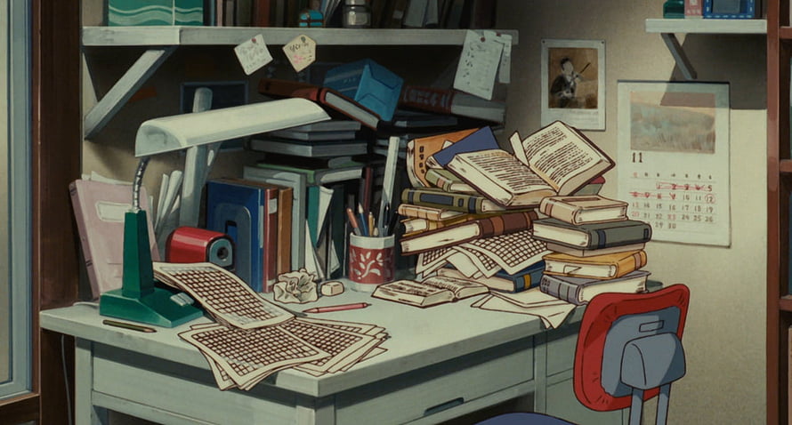 Whisper of the Heart Cluttered Study Desk with Books and Calligraphy Practice Sheets HD wallpaper