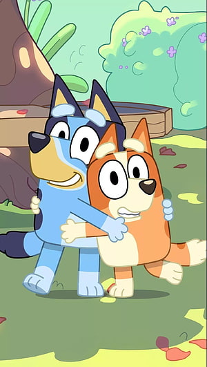 Bluey and Bingo Hugging in the Garden - Bluey Cartoon Wallpaper HD phone wallpaper