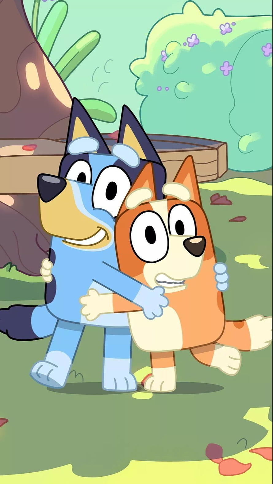 Bluey and Bingo Hugging in the Garden - Bluey Cartoon Wallpaper HD phone wallpaper
