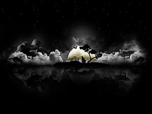 Eerie Full Moon Over Silhouetted Cemetery and Lone Tree in Dark Night Sky HD wallpaper