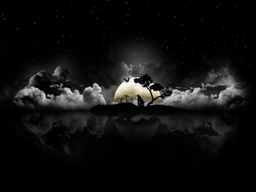Eerie Full Moon Over Silhouetted Cemetery and Lone Tree in Dark Night Sky HD wallpaper