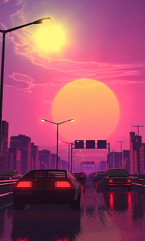 Retro-Futuristic Highway at Dusk with Neon Skyline and Rain-Soaked Streets HD phone wallpaper