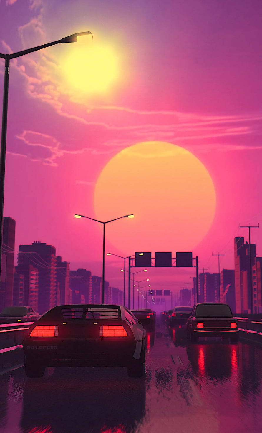 Retro-Futuristic Highway at Dusk with Neon Skyline and Rain-Soaked Streets HD phone wallpaper