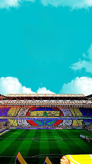Fenerbahce Ultras Card Display at Sukru Saracoglu Stadium Under Blue Sky HD phone wallpaper