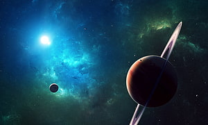 Ringed Planet and Nebula in Deep Space Sci-Fi Digital Art HD wallpaper