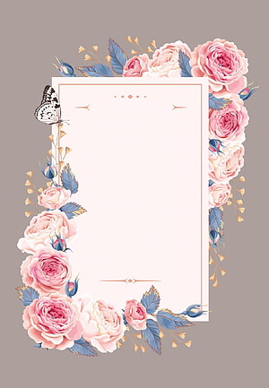 Elegant Pink Rose Floral Frame With Blue Leaves And Butterfly HD phone wallpaper