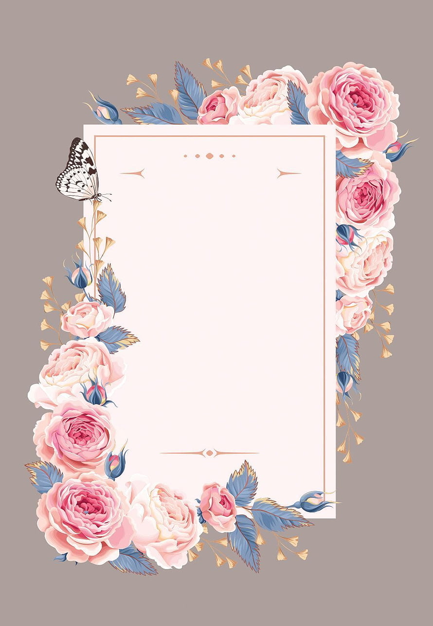 Elegant Pink Rose Floral Frame With Blue Leaves And Butterfly HD phone wallpaper