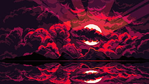 Pixel Art Red Sunset Over Water With Clouds And Moon Reflection HD wallpaper