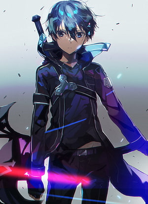 Kirito from Sword Art Online in Dark Combat Gear with Glowing Sword HD phone wallpaper
