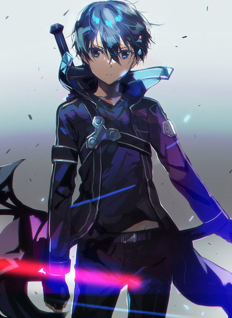 Kirito from Sword Art Online in Dark Combat Gear with Glowing Sword HD phone wallpaper