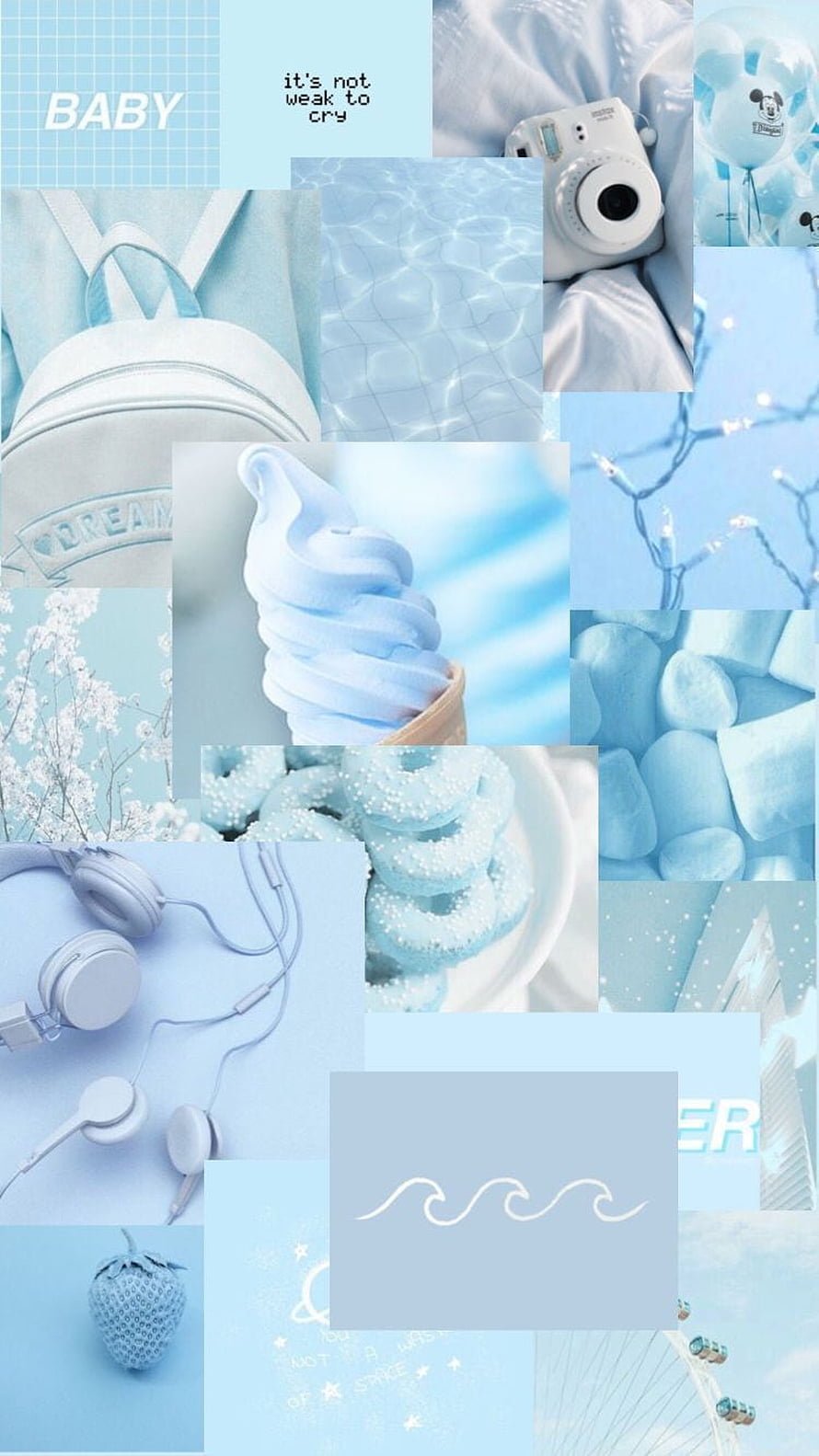 Aesthetic Blue Collage Wallpaper Featuring Soft Pastel Items, Ice Cream, and Dreamy Vibes HD phone wallpaper